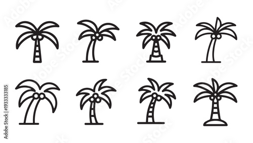 Set of eight stylized palm tree icons with coconuts simple line art isolated on white background stock illustration