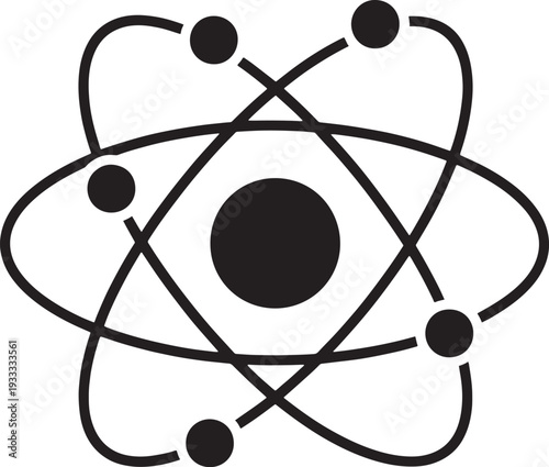 Black and white of atomic structure with nucleus and orbiting electrons