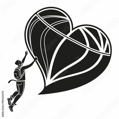 Man paragliding with heart shaped parachute in black and white graphic illustration representing extreme sports and love for adventure