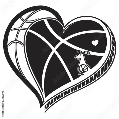 Stylized heart shape with basketball court inside representing love for sports and active lifestyle, illustration