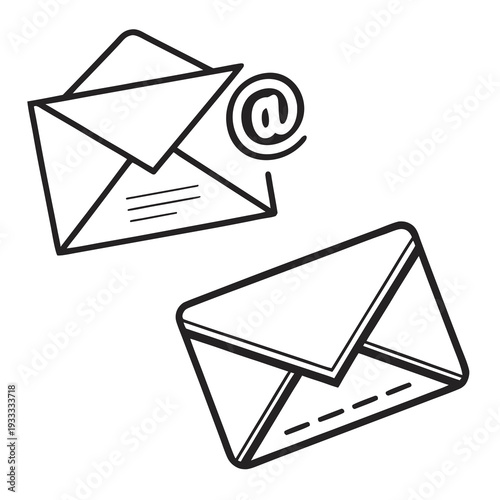 Two envelopes with at symbol, one open with lines representing message, other closed, symbolizing email and correspondence.