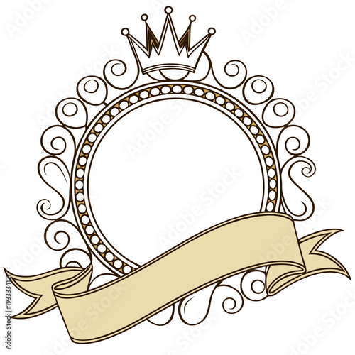 art deco style frame, intricate ornamental border, classic crown motif, elegant ribbon banner, refined victorian era design, detailed decorative elements
