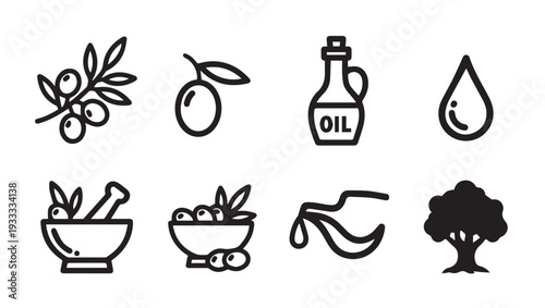 Olive Oil Production Icons: Branch Fruit Bottle Drop Mortar Bowl Pouring Tree