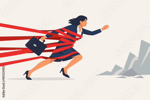 Businesswoman Struggling Against Red Tape and Bureaucracy, Career Obstacles and Limitations Concept, Ambitious Woman Running Towards Success Despite Being Held Back by Challenges and Barriers.