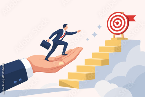 Big hand helping businessman reach the target point on top of stairs, concept of business cooperation, mentorship, career growth, leadership support, and successful way to achieve goals.