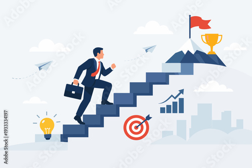 Businessman climbing stairs to reach goal on mountain peak with trophy and flag. Career growth, achievement, motivation, and business success vector illustration for professional development.
