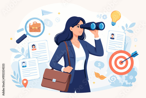 Business woman looking through binoculars for new job opportunities and career growth. Concept of recruitment, headhunting, and employment search with CV resumes, target, and business elements.
