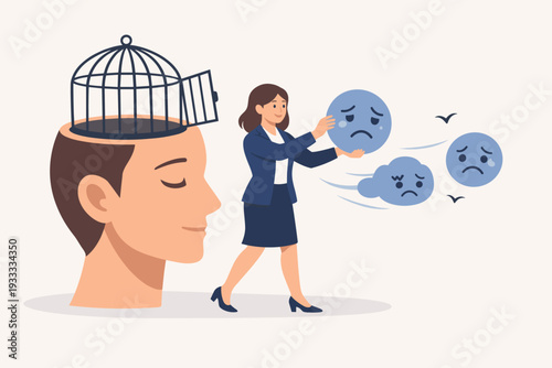 Businesswoman Releasing Negative Thoughts and Anxiety from a Man's Head with an Open Birdcage. Concept of Mental Health, Emotional Freedom, Stress Relief, Mindfulness, and Psychological Wellness.