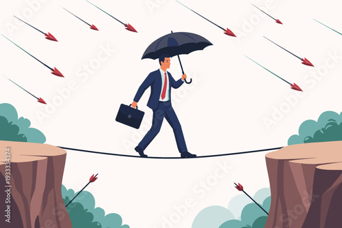 Businessman Walking on a Tightrope Over Abyss Holding Umbrella to Protect Himself from Falling Arrows, Representing Risk Management, Business Resilience, Insurance, and Overcoming Challenges.