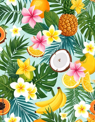 Tropical fruit and flower pattern featuring pineapple, banana, and frangipani