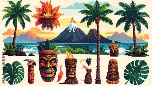 Tropical island scene with palm trees, volcanoes, and tiki icons