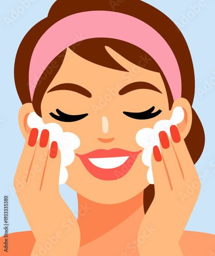 Flat skincare vector portrait of smiling woman washing face with foam and cotton pads. Daily cleansing routine concept with headband, clean skin, and self care mood.