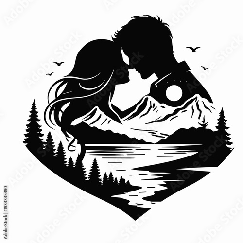 Kissing lovers silhouette blended with mountain range, moon, forest and calm lake reflections, elegant double exposure vector for wedding, valentine and outdoor romance stories.