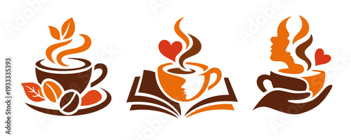 Coffee emblem collection: cup with leaves and beans, mug on open book with heart steam, and hands holding a cup with woman silhouette. Cozy lifestyle and mindfulness concept.