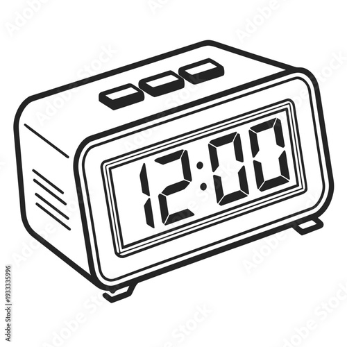 Digital alarm clock displaying time 12:00, noon or midnight, with simple yet functional design featuring several control buttons on top