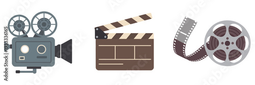Empty Clapper Board and Film Camera Vector Set – Modern Lens, Movie Strip and Reel with Video Footage, Cinema Industry and Cinematography Flat Icons Collection