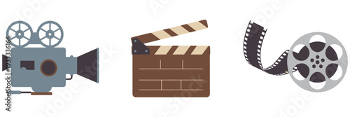 Empty Clapper Board and Film Camera Vector Set – Modern Lens, Movie Strip and Reel with Video Footage, Cinema Industry and Cinematography Flat Icons Collection