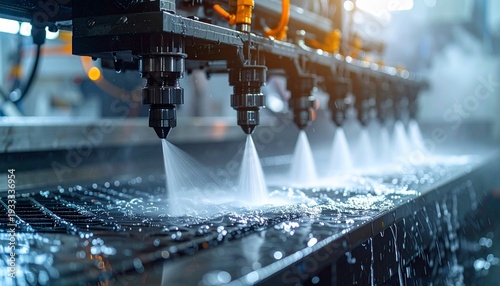 Industrial water jets cleaning metal parts on a manufacturing production line in a factory setting from a close-up viewpoint