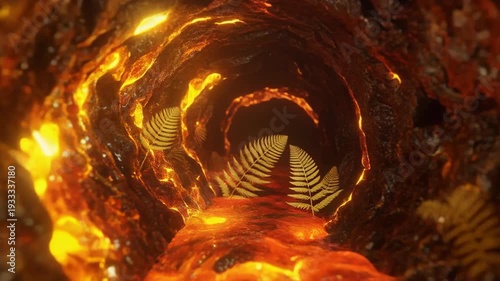 Molten Lava Cave Tunnel With Ferns and Glowing Orange Light