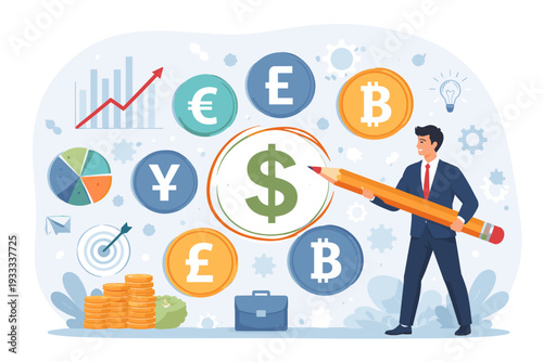 Businessman holding giant pencil planning financial strategy with various currency symbols like dollar euro bitcoin yen and pound, investment analysis with growth charts and data visualization