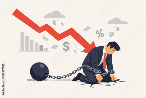 Businessman Chained to Heavy Ball with Red Falling Arrow Graph Representing Economic Recession, Financial Crisis, Market Crash, Debt Burden, Bankruptcy, and Business Failure Concept Illustration.