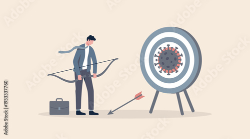 Businessman with broken bow and arrow failing to hit a target with a coronavirus symbol, representing business failure, economic crisis, and lost goals during the global COVID-19 pandemic.