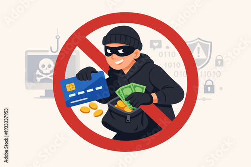Masked thief stealing credit card and money behind a red prohibition sign. Stop scam, fraud, and cybercrime concept with phishing, hacking, and data security icons. Protection against theft.