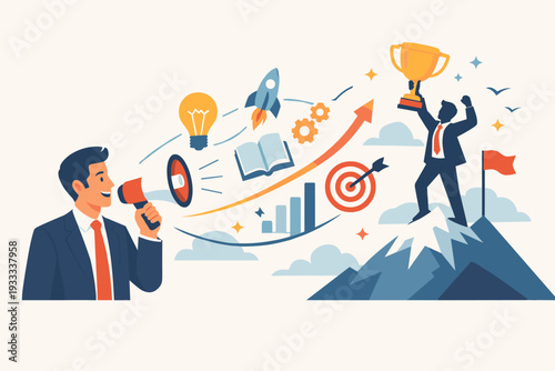 Motivational speaker or leader using a megaphone to share a success story and inspire people to achieve goals, featuring a businessman with a trophy on a mountain peak and business icons.
