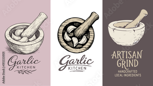 Garlic illustration set featuring mortar and pestle with cloves. Retro engraved line art in soft neutral tones.