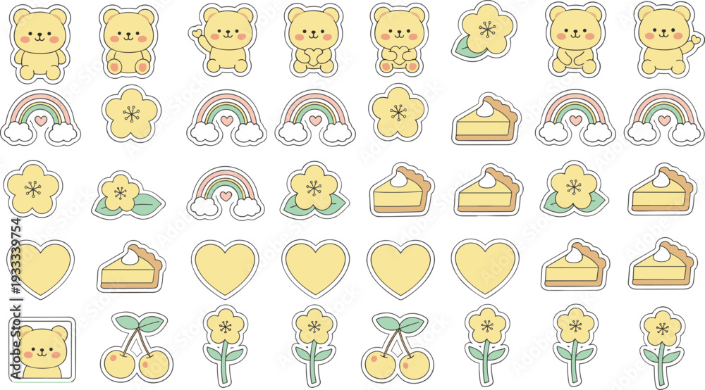Fototapeta premium Hand drawn stationery collection with adorable teddy bears floral elements and cherry icons in simple minimal outline stroke design