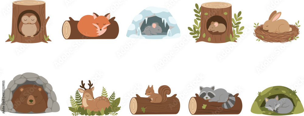 Naklejka premium Minimal hand-drawn vector illustration set of animals sleeping in natural habitats including caves, logs, nests, and grassy dens in clean line art style