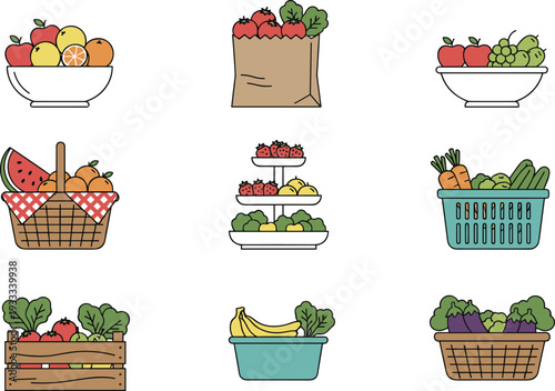 Minimal hand-drawn vector illustration set of assorted fruits and vegetables arranged in baskets, bowls, crates, and grocery bags in clean line art style