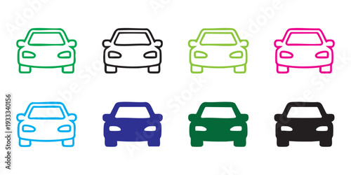 Modern car front view icon set in multiple colors with outline and solid versions for app interface