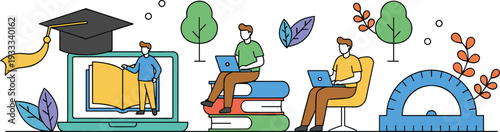Minimalist education vector set featuring students studying on laptops with graduation cap and books in clean line art