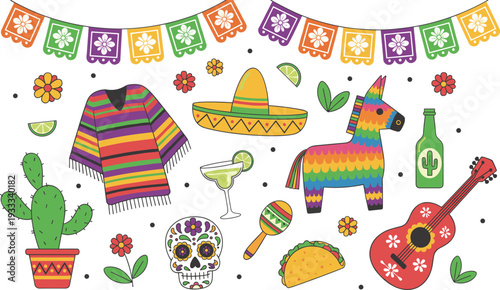 Minimalist Cinco de Mayo vector set featuring colorful piñata sombrero guitar and sugar skull in clean line art