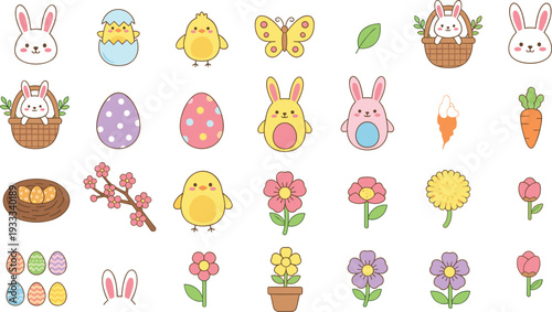 Minimalist Easter vector set featuring cute bunnies chicks in eggs and colorful spring butterflies in clean line art