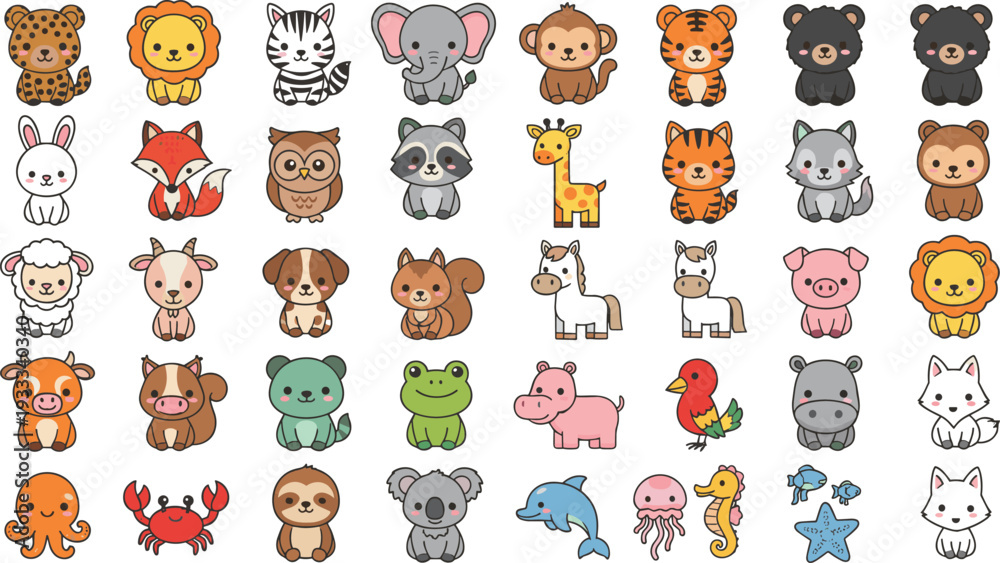 Naklejka premium Minimalist kawaii animal vector set featuring diverse safari woodland farm and sea creatures in clean line art style