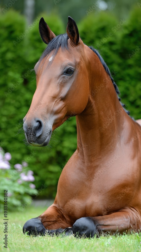 Fototapeta premium Elegant bay horse lying on grass in natural setting