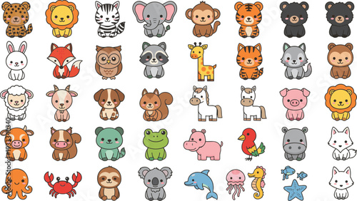 Minimalist kawaii animal vector set featuring diverse safari woodland farm and sea creatures in clean line art style