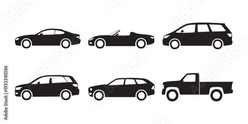 Vehicle types illustration set isolated on white background depicting cars and trucks outline silhouettes