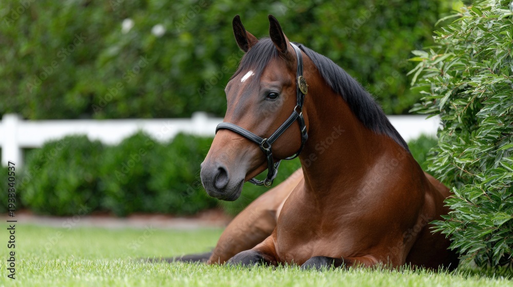 Obraz premium Elegant brown horse resting on lush green grass