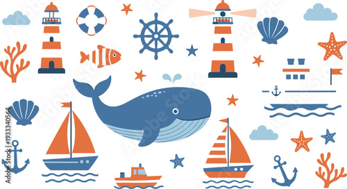 Minimalist nautical vector set featuring blue whales sailboats lighthouses and anchors in clean flat design style