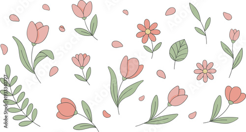 Minimalist spring flower vector set featuring pink tulips daisies and green leaves in clean pastel line art style