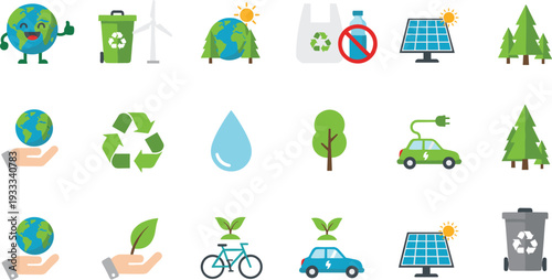 Minimalist sustainability vector set featuring solar panels wind turbines electric cars and recycling icons in clean flat design
