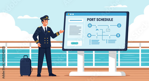 Captain Presents Port Schedule on Digital Display.