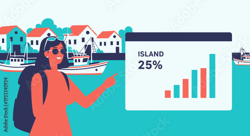 Happy woman with backpack near a chart showing island growth.