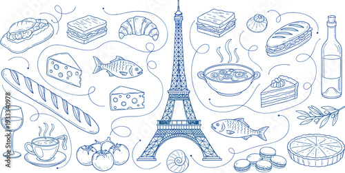 Minimalist vector illustration set of French landmarks featuring the Eiffel Tower and traditional gastronomy icons in blue line art