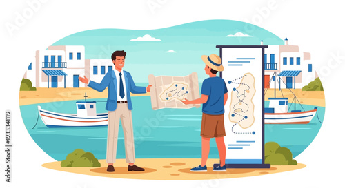 Tour guide explaining map to tourist on beach.