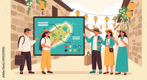 Tourists Gathered Around Interactive Map Display.