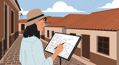 Woman Architect Designing Building Plans on Tablet.